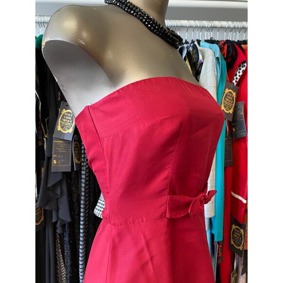 vintage 1990s red silk strapless dress a-line bow waist size small y2k gilmore - Picture 3 of 8